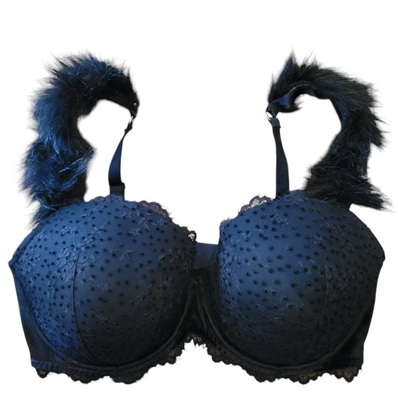 Victoria's Secret Dream Angels Lined Demi Lace Fur Trim Black Bra Size 36DDD - Picture 1 of 10
